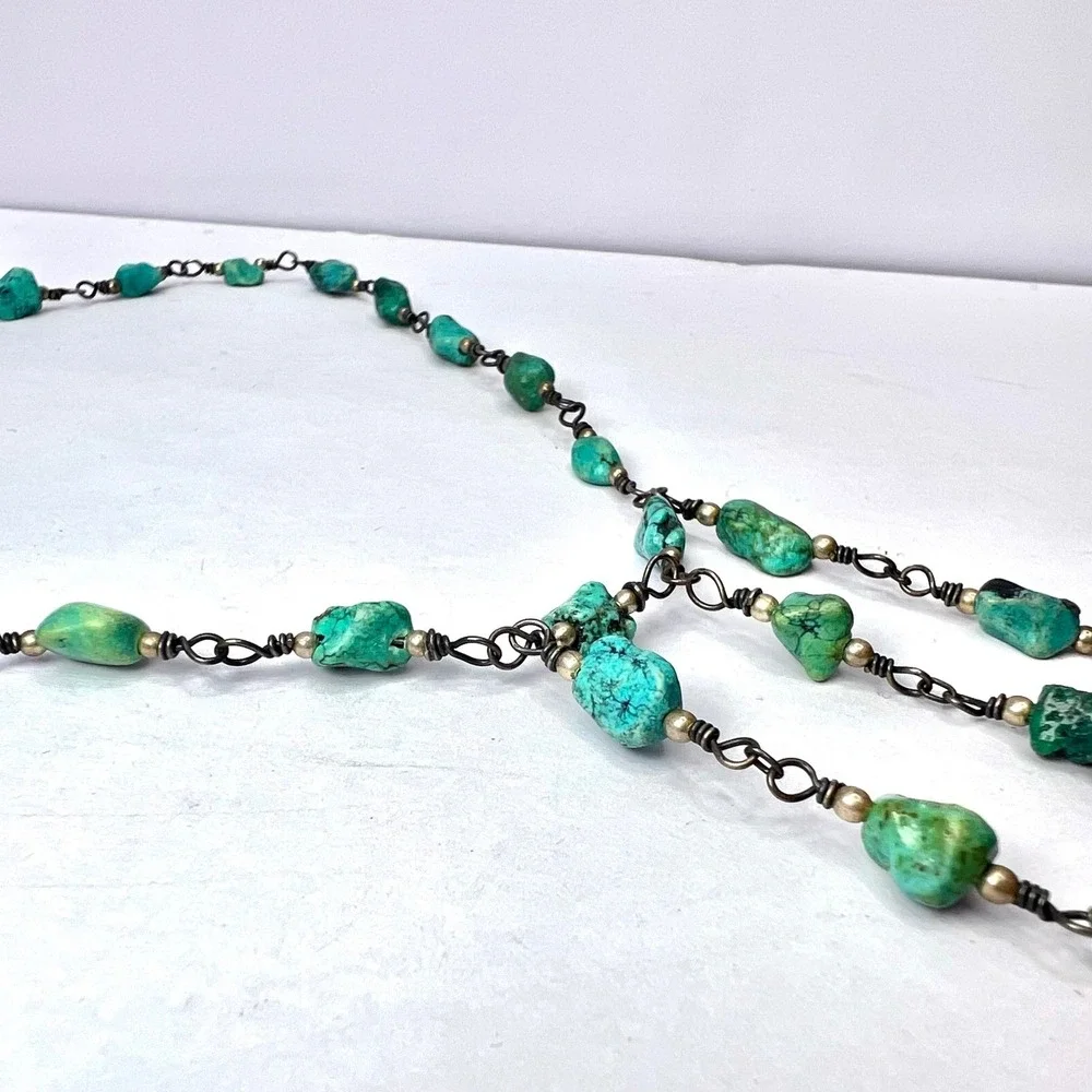 Vintage Turquoise Sterling Silver Fringe Necklace Boho Southwestern Choker Bib